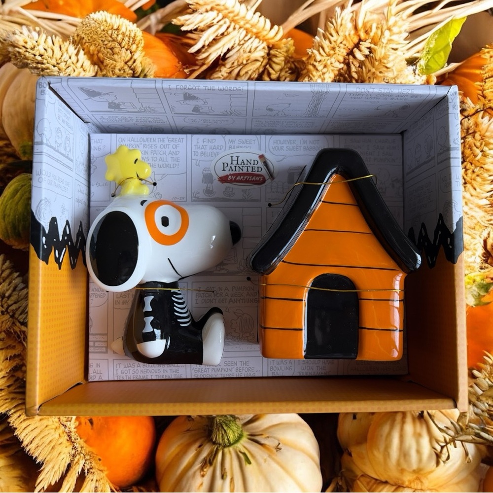 Peanuts Snoopy Woodstock Halloween Skelton Ceramic Salt and Pepper Shakers NWT